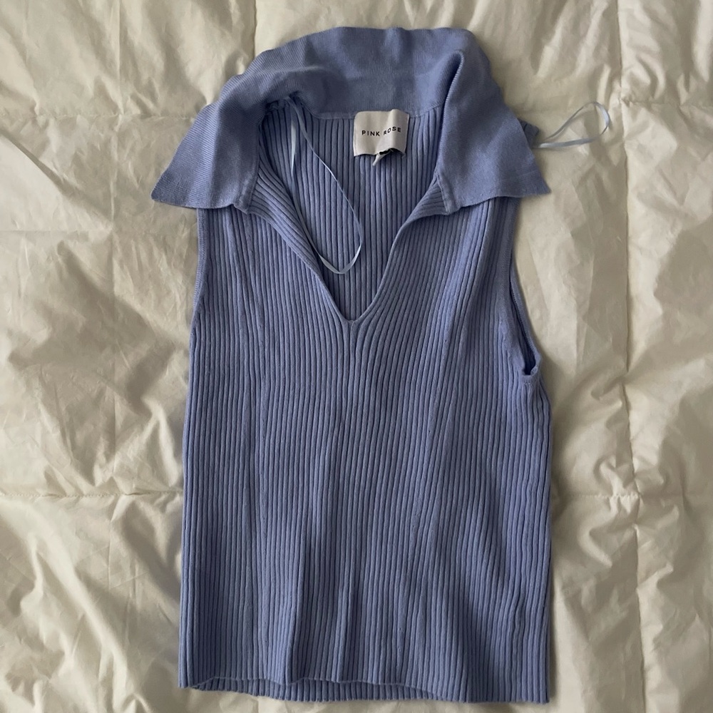 Pink Rose Light Blue Ribbed Knit Top